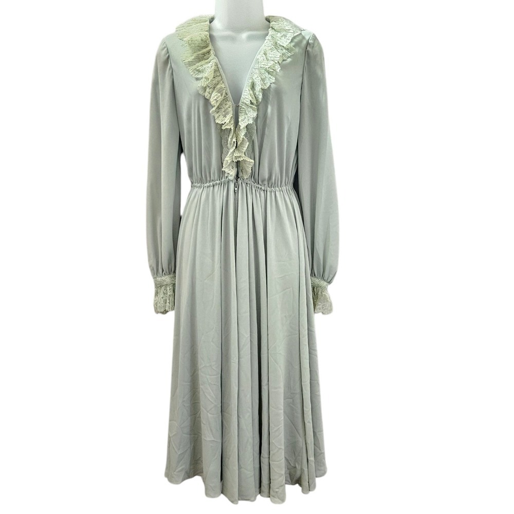Bergdorf Goodman Dress S Green Lace Ruffle Neck Midi VTG 80 90s Prairie Coquette